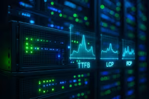 Sala de servidores visualizada con métricas de rendimiento del alojamiento web