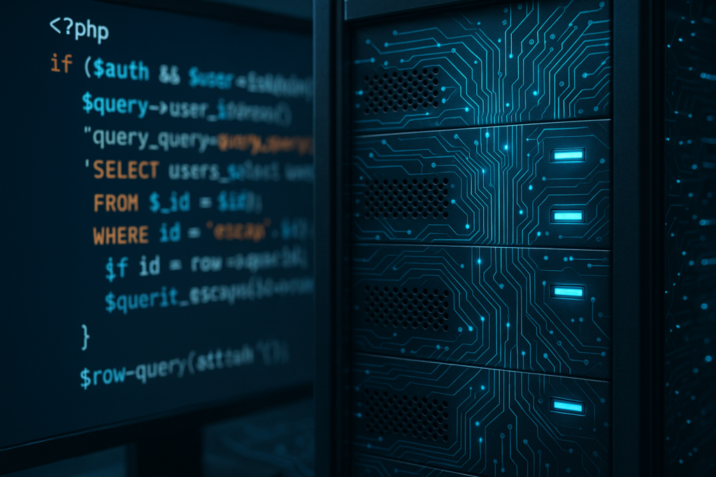 Rappresentazione fotorealistica di un server web con luce blu e codice PHP sul monitor