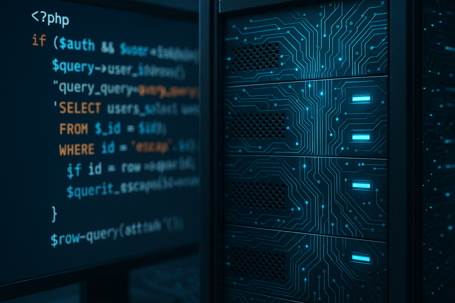 Représentation photoréaliste d'un serveur web avec lumière bleue et code PHP sur écran
