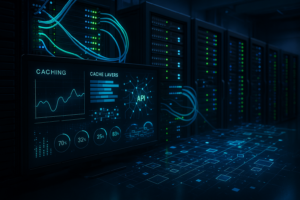 Современный серверный центр обработки данных с подсветкой сетевых кабелей и цифровыми показателями производительности для кэширования API и оптимизации бэкэнда