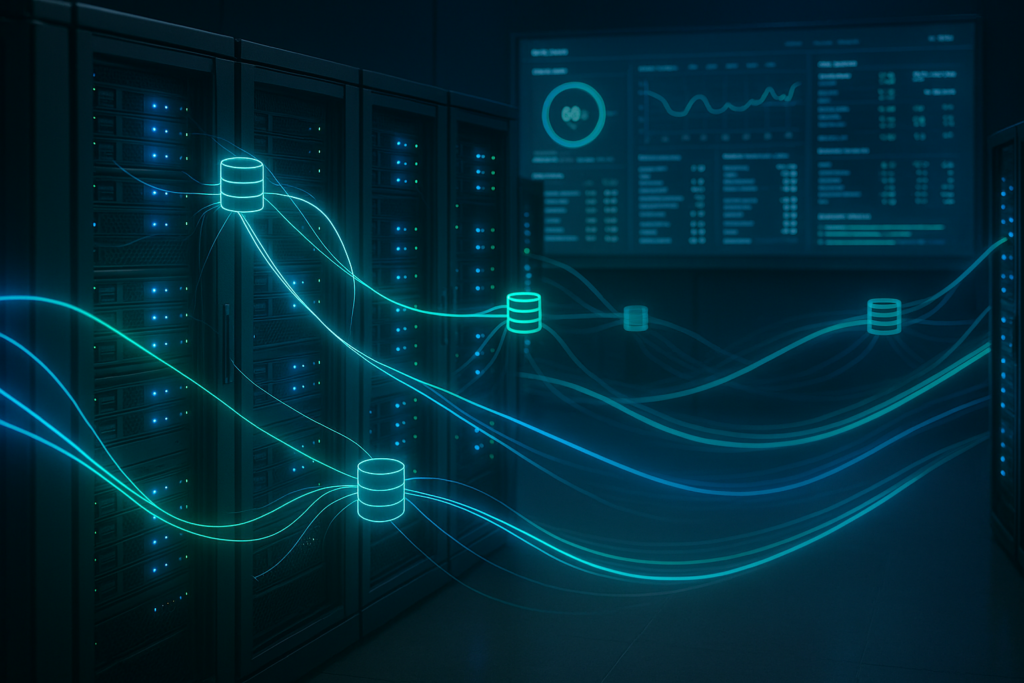 Infrastruttura server con connessioni di database in rete e dashboard di monitoraggio in tempo reale