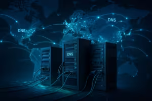 Globale DNS-Propagation mit vernetzten Servern und Datenfluss über Kontinente hinweg