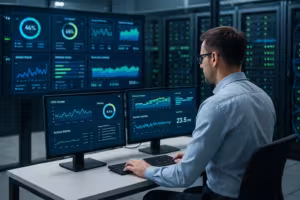 IT-professional bewaakt serverprestaties en hostingmonitoring op grote schermen met realtime statistieken en analyses