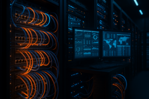 Serverraum mit Netzwerkverbindungen und Performance-Monitoring-Displays