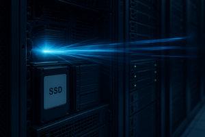 Sala de servidores com visualização do fluxo de dados entre a CPU e os dispositivos de armazenamento