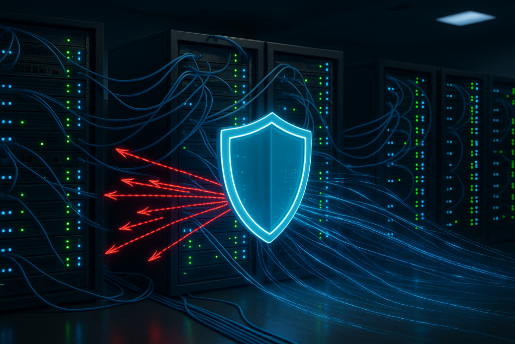 Infraestructura de servidores con visualización de la protección DDoS y barreras de seguridad de la red