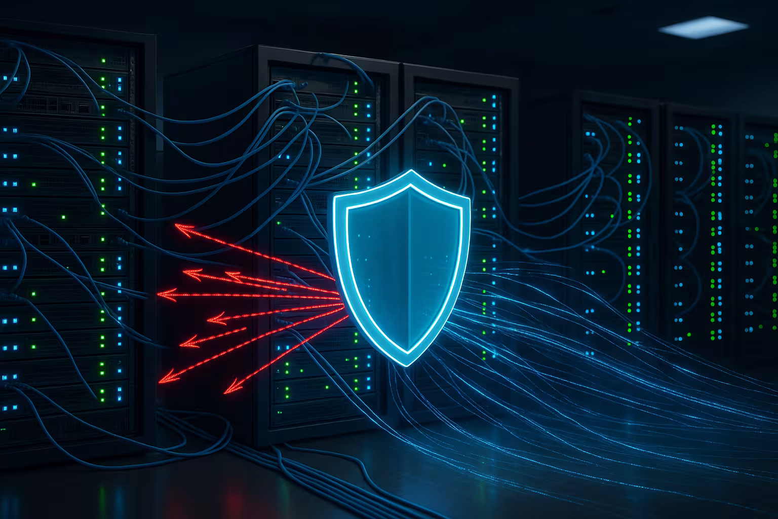 Serverinfrastruktur med visualisering af DDoS-beskyttelse og netværkssikkerhedsbarrierer