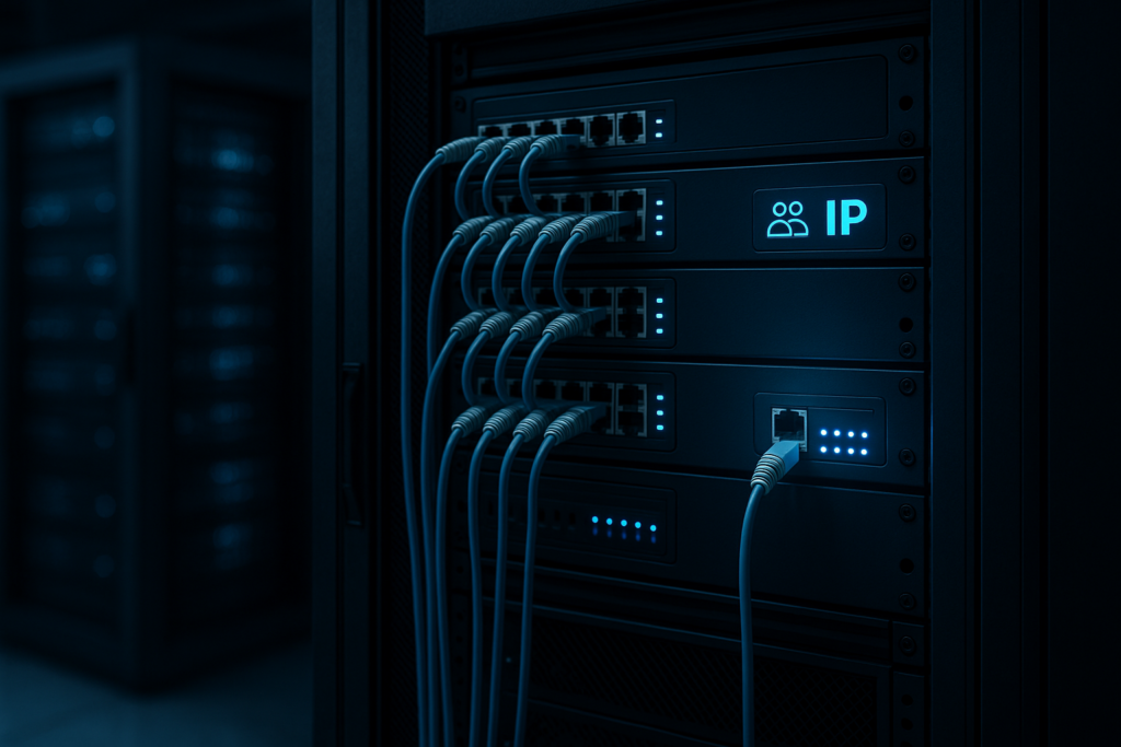 Rack di server nel data center come simbolo di hosting IP condiviso e dedicato
