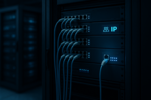 Serverrack i datacentret som symbol för delad och dedikerad IP-hosting