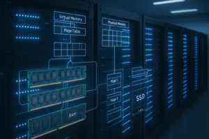 Rack de servidores con almacenamiento RAM y SSD en centro de datos profesional con visualización de memoria virtual