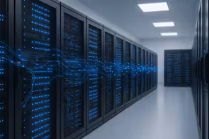 Инфраструктура серверных стоек с сетевыми подключениями и визуализацией потоков данных