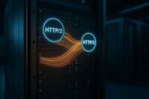 Moderne webhostingserver met HTTP/3-protocoloptimalisatie voor hoge prestaties