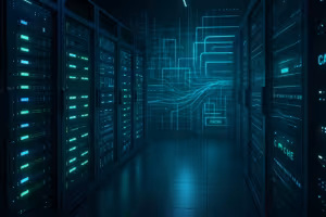 Moderna sala server con ottimizzazione della cache e visualizzazione delle prestazioni del database