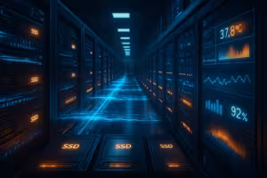 Unità di archiviazione SSD in un data center di hosting con visualizzazione dei flussi di dati