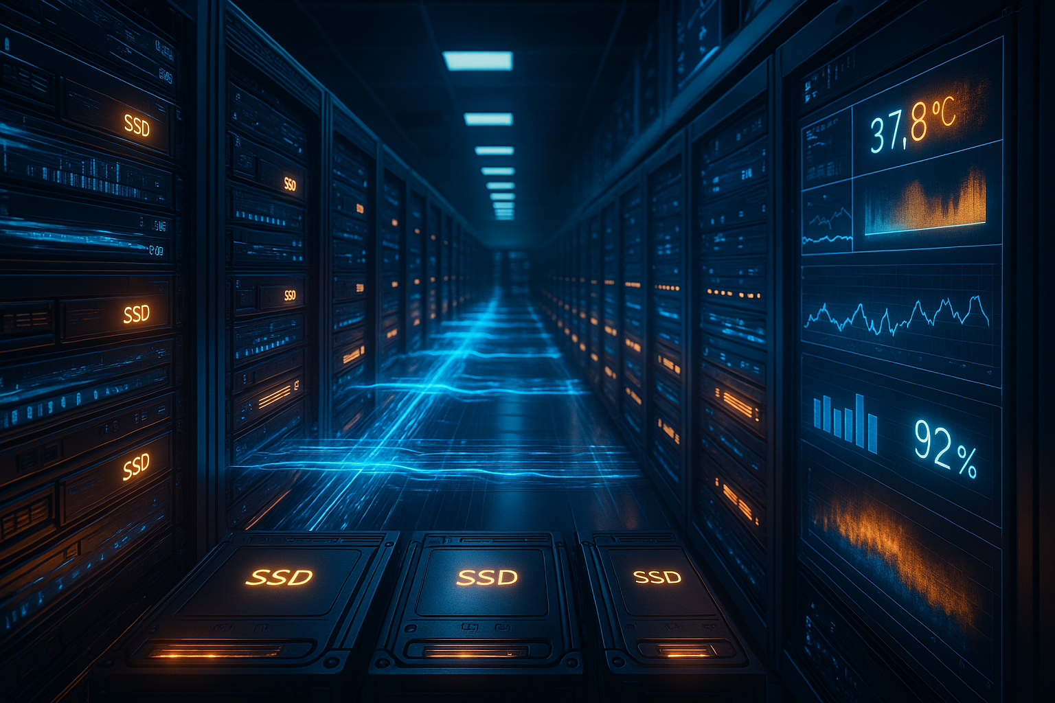 Unidades de almacenamiento SSD en un centro de datos de alojamiento con visualización de flujos de datos