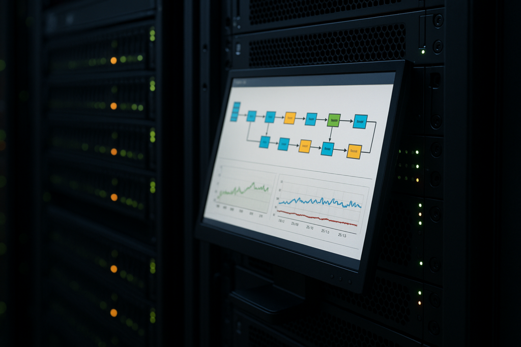 Серверная комната с монитором, на котором отображается план выполнения SQL