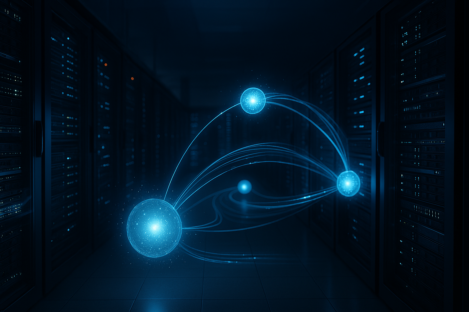 Rechenzentrum mit DNS-Servern und visualisiertem Datenverkehr für Recursive Resolver