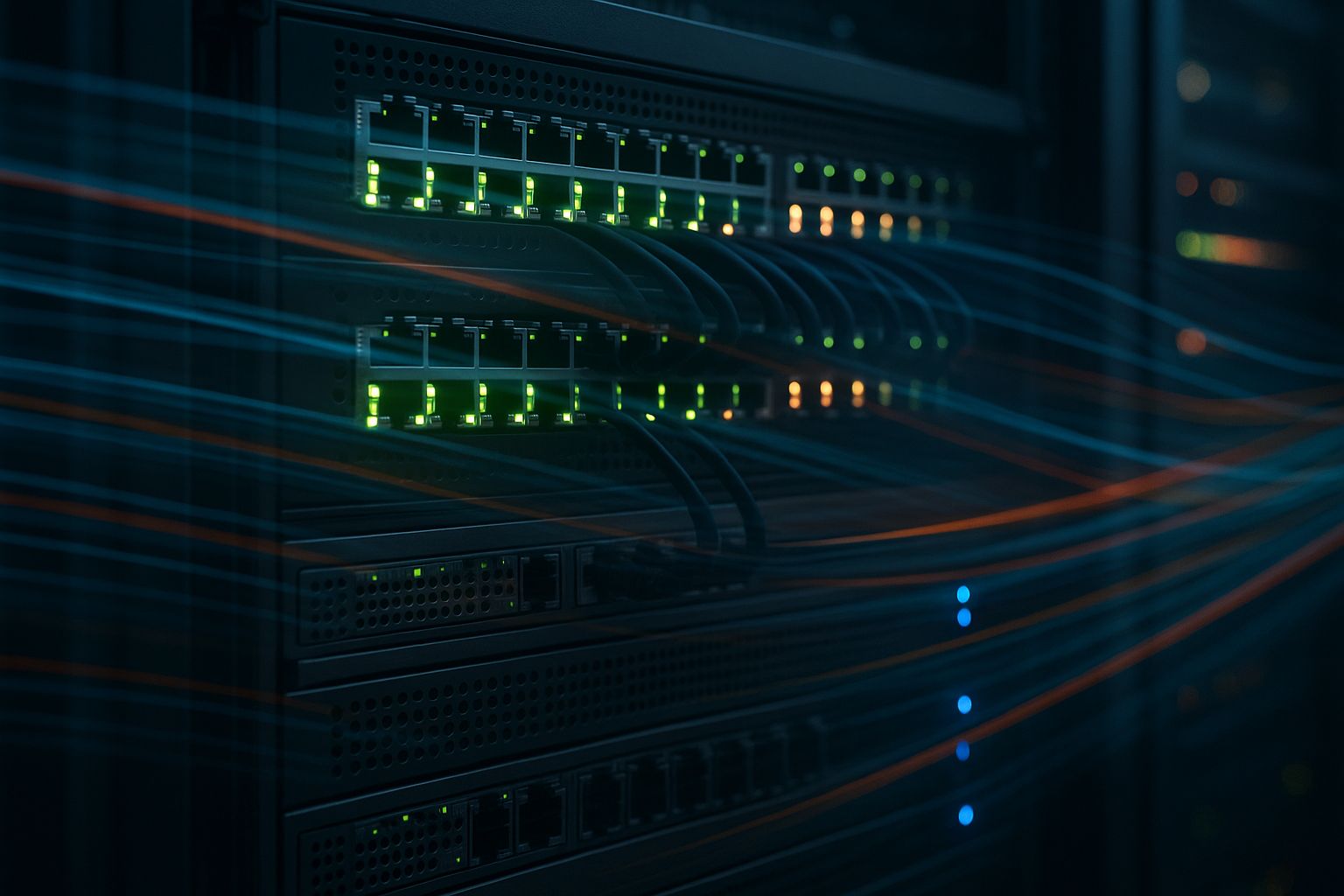 Bastidor de servidor con cables de red iluminados para optimizar la codificación de contenidos HTTP
