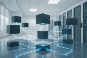 Representación fotorrealista de un clúster Kubernetes con Ingress y Service Mesh en el centro de datos.