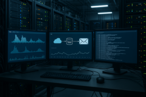 Sala server con cruscotti di monitoraggio delle code di posta elettronica