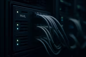 Moderno server di posta nel data center con coda di posta elettronica controllata