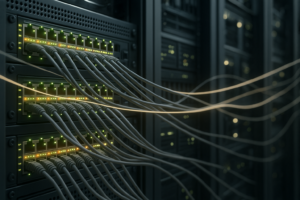 Moderne datacenter med serverracks og netværksswitche til stabile pakkekøer
