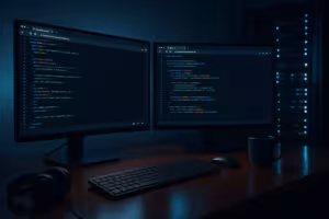 Ontwikkelaar werkt aan progressive web app met service worker en hosting setup