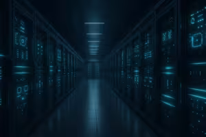 Sala server all'avanguardia con rack illuminati e connessioni di rete
