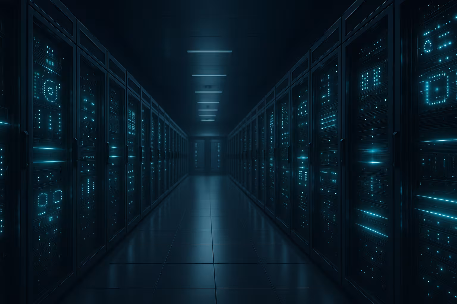 Toppmodernt serverrum med upplysta rack och nätverksanslutningar