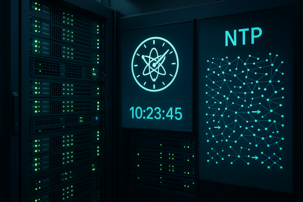 Серверная стойка с синхронизацией времени NTP и сетевыми системами в современном центре обработки данных