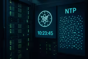 Rack di server con sincronizzazione temporale NTP e sistemi in rete in un moderno data center