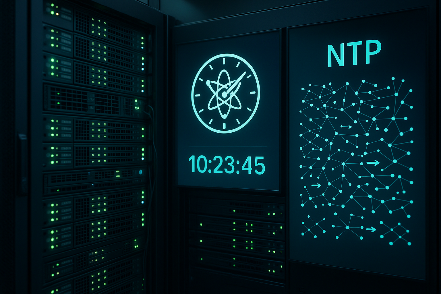 Rack de servidores con sincronización horaria NTP y sistemas en red en un moderno centro de datos