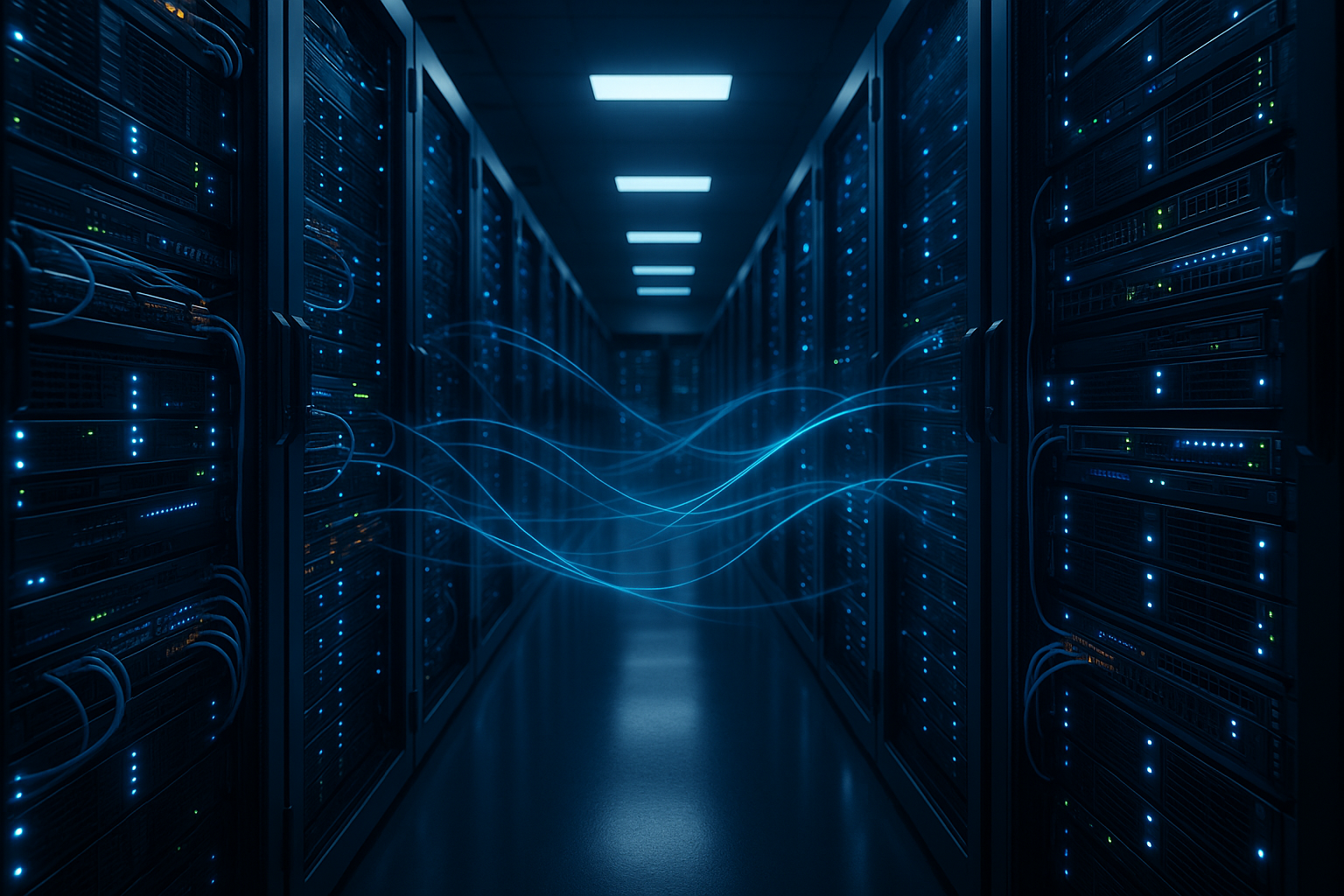 最新のラックサーバーとTCPスループットを最適化するネットワークケーブルを備えたデータセンター