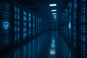 Moderno centro de datos con bastidores de servidores iluminados e infraestructura TLS segura