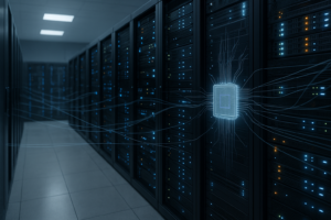 Datacenter med serverracks og visualiserede CPU-processer