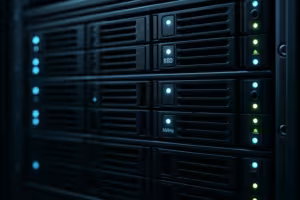 Rack di server con storage SSD in un moderno data center