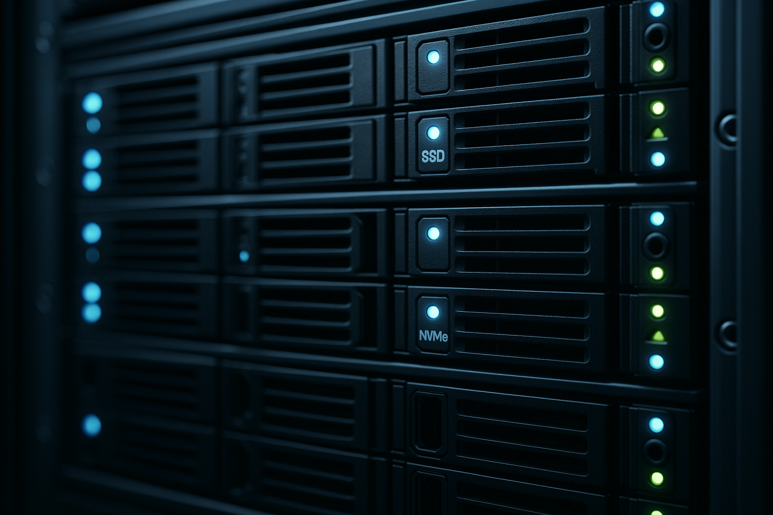 Serverrack med SSD-lagring i ett modernt datacenter