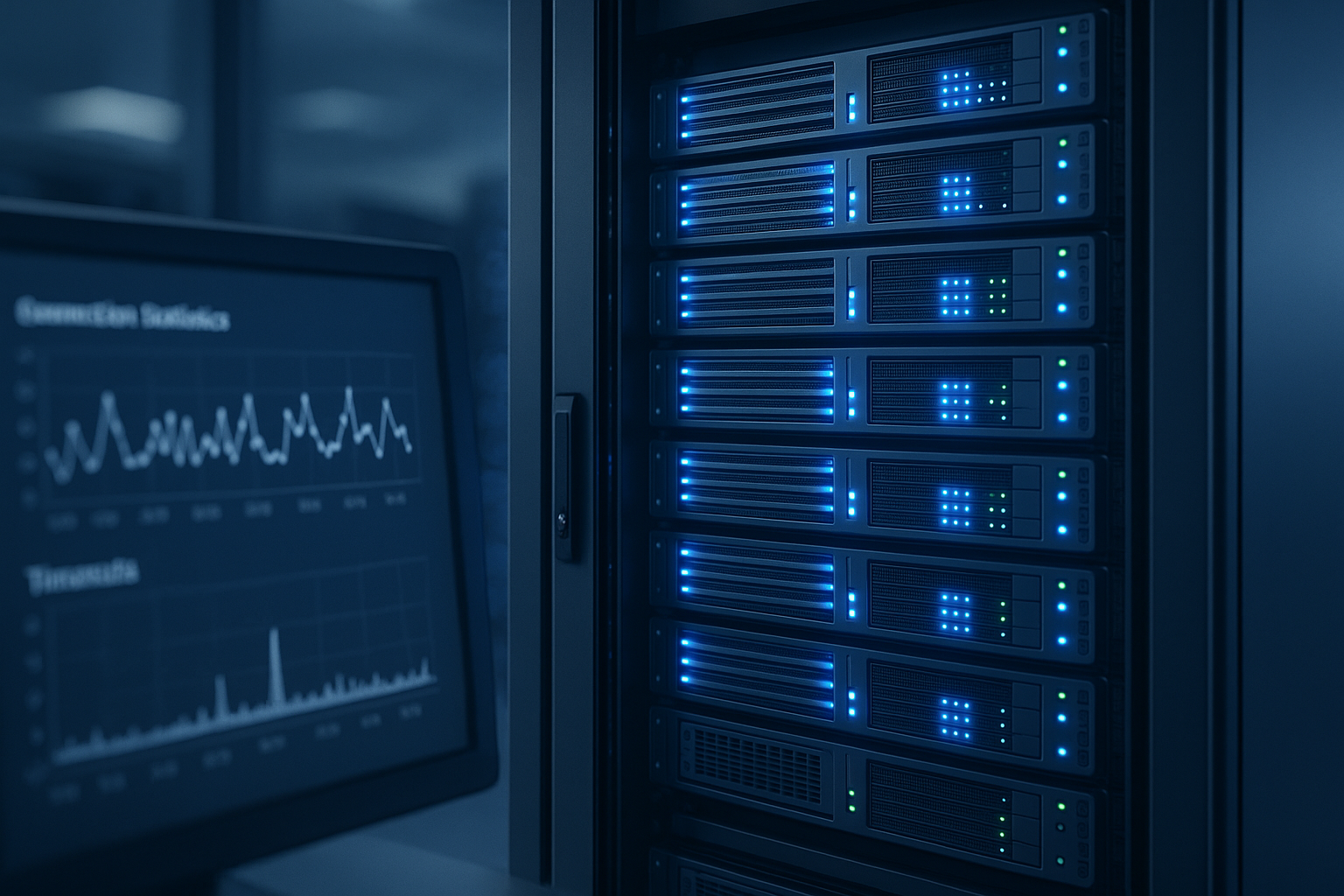 Rechenzentrum mit Datenbankservern und Monitoring für Connection Timeouts