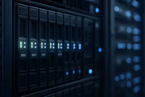 Rack de servidores com armazenamento SSD de alta velocidade para ficheiros WAL de bases de dados num ambiente de alojamento moderno