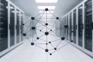 Représentation photoréaliste d'une structure DNS complexe comprenant des serveurs et des connexions