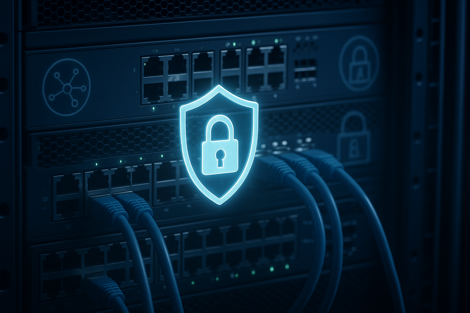 Bastidor de servidor con hardware de red y símbolo de seguridad DNS abstracto