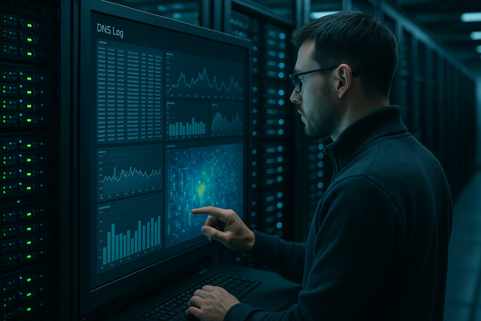 Serverrum med dashboard til logning af DNS-forespørgsler og sikkerhedsovervågning
