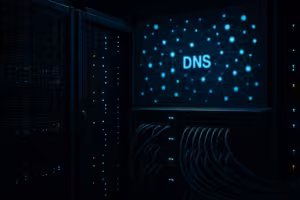 Data center with server racks and visualized DNS network