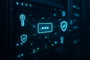 Datacenterserver met weergave van DNSSEC-sleutels en beveiligde verbindingen
