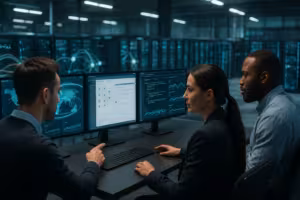 Sala de servidores con equipo de desarrollo y colaboración en tiempo real