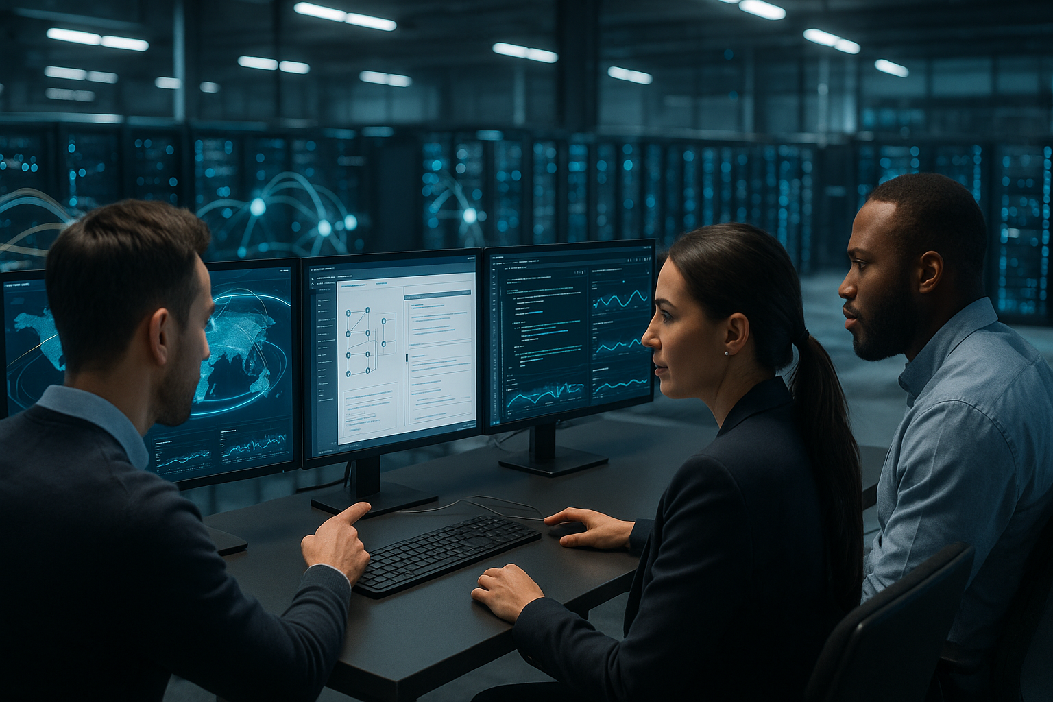 Serverraum mit Entwicklerteam und Echtzeit-Collaboration-Setup