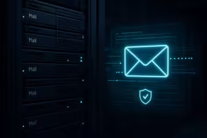Centro dati fotorealistico con visualizzazione dei dati di intestazione delle e-mail