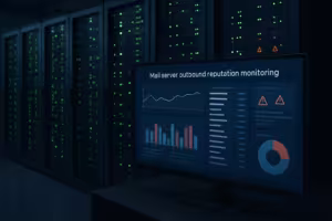 Serverruimte met monitor voor het bewaken van de uitgaande reputatie van mailservers bij webhosting