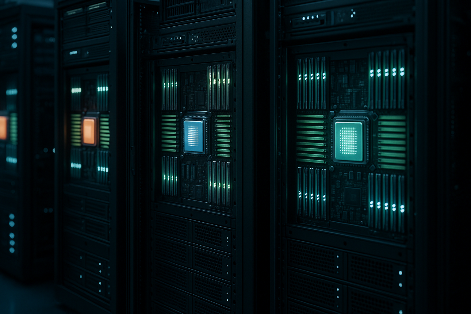 Datacenter med moderne serverracks og CPU'er, der symboliserer NUMA-noder og storage-placering