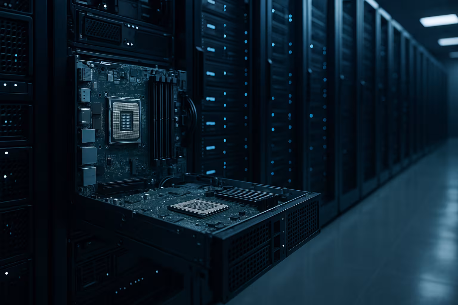 Server moderno con CPU e memoria visibili nel centro dati